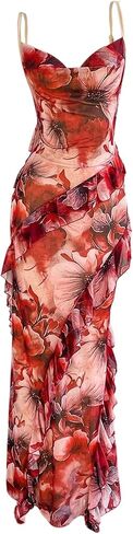 MakeMeChic Women's Floral Cowl Neck Cami Dress Backless Ruffle Bodycon Cocktail Maxi Dresses in Saudi Arabia