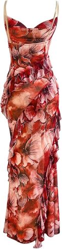 MakeMeChic Women's Floral Cowl Neck Cami Dress Backless Ruffle Bodycon Cocktail Maxi Dresses in Saudi Arabia