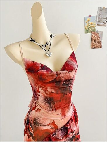 MakeMeChic Women's Floral Cowl Neck Cami Dress Backless Ruffle Bodycon Cocktail Maxi Dresses in Saudi Arabia