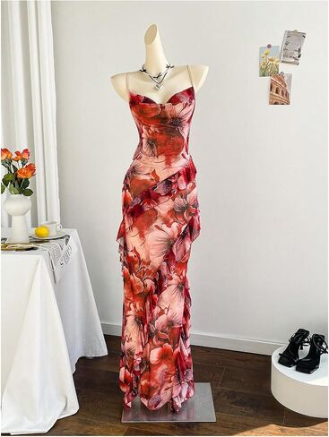 MakeMeChic Women's Floral Cowl Neck Cami Dress Backless Ruffle Bodycon Cocktail Maxi Dresses in Saudi Arabia
