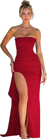 Womens Strapless Tube High Slit Bodycon Dresses Ruched Sleeveless Ruffled Side Backless Elegant Floor Dresses in Kuwait