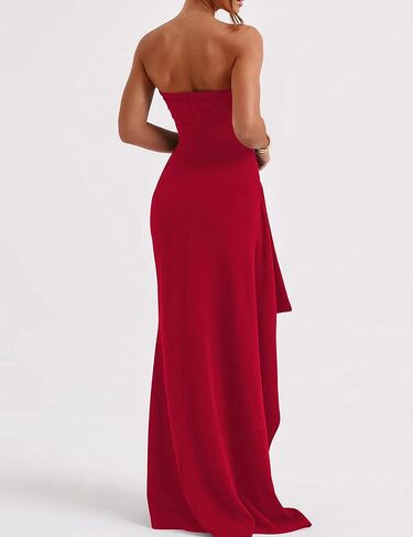 Womens Strapless Tube High Slit Bodycon Dresses Ruched Sleeveless Ruffled Side Backless Elegant Floor Dresses in Kuwait