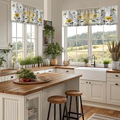 AAtter Teal Floral Kitchen Valance Curtain for Window Turquoise Aqua Flower Rustic Country White Daisy Butterfly Small Short Home Living Room Bedroom Bathroom Drape Fabric 1 Panel, 52" W x 18" L, Cute in Saudi Arabia