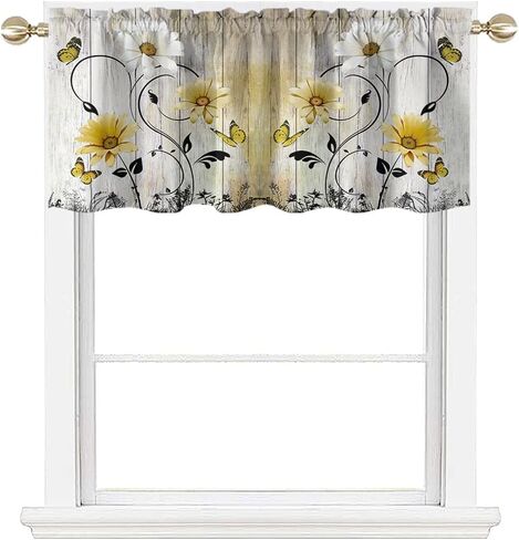 AAtter Teal Floral Kitchen Valance Curtain for Window Turquoise Aqua Flower Rustic Country White Daisy Butterfly Small Short Home Living Room Bedroom Bathroom Drape Fabric 1 Panel, 52" W x 18" L, Cute in Saudi Arabia