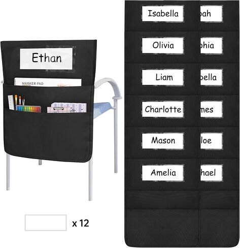 Chairback Pockets Chart, 6 Bright Color Seat Storage Organizer for Kids School Supplies with 2 Large Pockets Keeps Students Organized and Classrooms Neat, 19 x 16.8 Inch (12 Pieces) in Kuwait