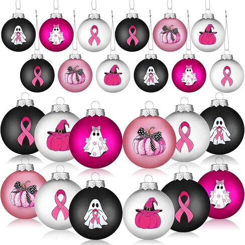 12 Pcs Breast Cancer Christmas Ornaments Pink Ribbon Ghost Pumpkin Ball Ornaments Pink Black October Tree Decoration Halloween Breast Cancer Awareness Decorations for Xmas Tree Party Decor in Saudi Arabia