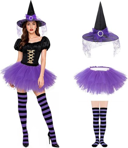 زي Zando Halloween Witch للنساء - 3 قطع مع قبعة ساحرة، توتو، وجوارب عالية مخططة لحفلات البالغين in Saudi Arabia