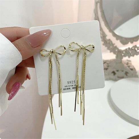 JOYAGIFT Gold Long Chain Bow Dangle Drop Tassel Earrings for Women Statement Ribbon Fringe Waterfall Dangling Wedding Prom Fashion Jewelry Gift in Saudi Arabia