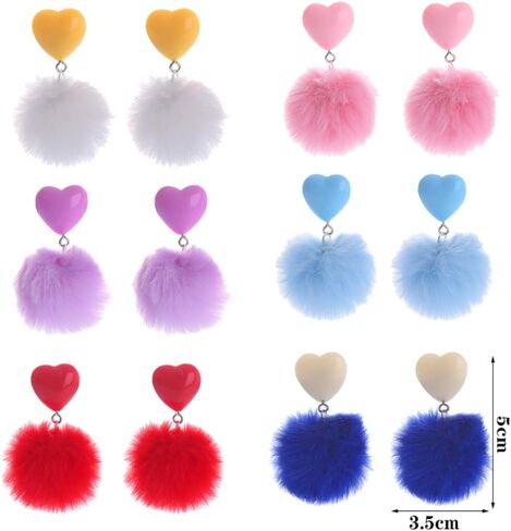 Heart Pom Pom Earrings Colorful Faux Fur Fluffy Pom Earrings Heart Pom Pom Ball Dangle Drop Earrings Love Heart Pom Pom Stud Earrings Valentine's Day Jewerly in Kuwait