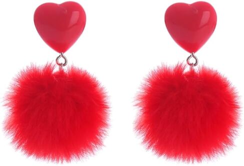 Heart Pom Pom Earrings Colorful Faux Fur Fluffy Pom Earrings Heart Pom Pom Ball Dangle Drop Earrings Love Heart Pom Pom Stud Earrings Valentine's Day Jewerly in Kuwait