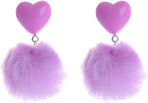Heart Pom Pom Earrings Colorful Faux Fur Fluffy Pom Earrings Heart Pom Pom Ball Dangle Drop Earrings Love Heart Pom Pom Stud Earrings Valentine's Day Jewerly in Kuwait