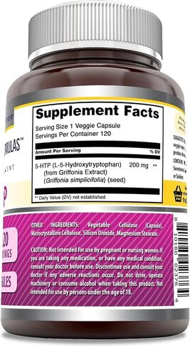 صيغ مذهلة 5 HTP (L-5-Hydroxytryptophan) ملحق | 200 ملجم لكل جرعة | 120 كبسولة نباتية | غير معدلة وراثيًا | خالي من الغلوتين | صنع في الولايات المتحدة الأمريكية in Kuwait