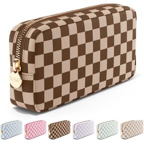 Makeup Bag Travel Cosmetics Pouch and Toiletry Bag, Nylon Zipper Pouch Purse, Cute Make Up Organizer Storage Tote for Women Girls, Travel Skincare Case, Small Makeup Case, Chocolate Sand Checkered in Saudi Arabia