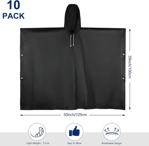 Zhehao 10 Pcs 10 Pcs Rain Ponchos for Adults with Drawstring Hood Reusable Raincoats Waterproof Thickened Rain Jacket for Men Women (Black) in Saudi Arabia