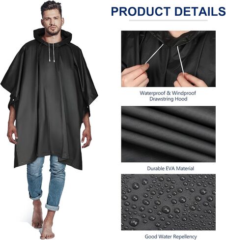 Zhehao 10 Pcs 10 Pcs Rain Ponchos for Adults with Drawstring Hood Reusable Raincoats Waterproof Thickened Rain Jacket for Men Women (Black) in Saudi Arabia