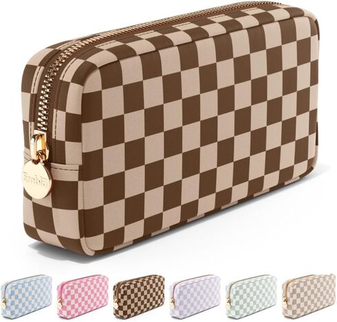 Makeup Bag Travel Cosmetics Pouch and Toiletry Bag, Nylon Zipper Pouch Purse, Cute Make Up Organizer Storage Tote for Women Girls, Travel Skincare Case, Small Makeup Case, Chocolate Sand Checkered in Saudi Arabia