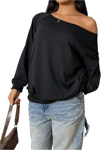 SweatyRocks Women's Plus Size Oversized Sweatshirts Off the Shoulder Long Sleeve Pullover Tops in Saudi Arabia
