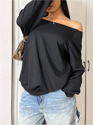 SweatyRocks Women's Plus Size Oversized Sweatshirts Off the Shoulder Long Sleeve Pullover Tops in Saudi Arabia