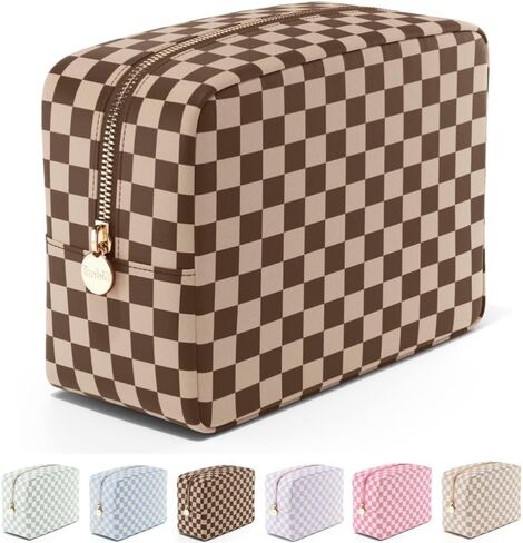 Makeup Bag Travel Cosmetics Pouch and Toiletry Bag, Nylon Zipper Pouch Purse, Cute Make Up Organizer Storage Tote for Women Girls, Travel Skincare Case, Small Makeup Case, Chocolate Sand Checkered in Saudi Arabia