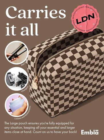 Makeup Bag Travel Cosmetics Pouch and Toiletry Bag, Nylon Zipper Pouch Purse, Cute Make Up Organizer Storage Tote for Women Girls, Travel Skincare Case, Small Makeup Case, Chocolate Sand Checkered in Saudi Arabia