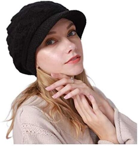 Blufly Winter Hats Cable Knitted Beanie Hat with Visor Beret Ribbed Ski Beanie Cap Slouchy Skull Hat Cap Headwear for Women and Girls (Black) in Saudi Arabia