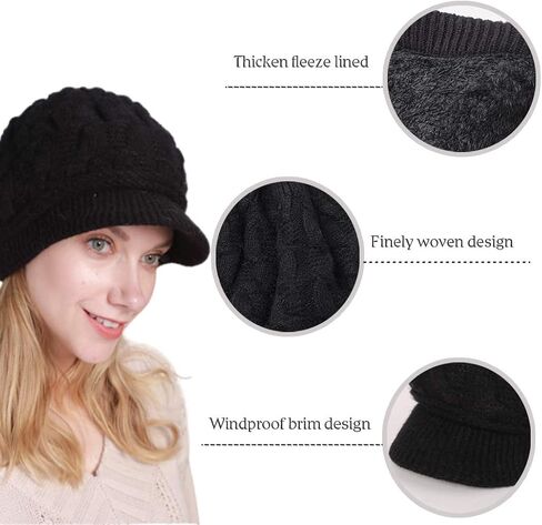Blufly Winter Hats Cable Knitted Beanie Hat with Visor Beret Ribbed Ski Beanie Cap Slouchy Skull Hat Cap Headwear for Women and Girls (Black) in Saudi Arabia