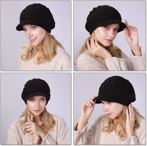 Blufly Winter Hats Cable Knitted Beanie Hat with Visor Beret Ribbed Ski Beanie Cap Slouchy Skull Hat Cap Headwear for Women and Girls (Black) in Saudi Arabia