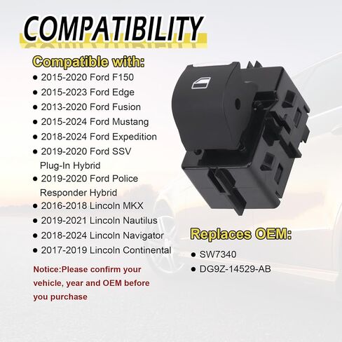 Power Window Switch Button Passenger Side Compatible with Ford Edge/ F150/ Fusion/Mustang/Expedition 2013-2024, Lincoln Continental/MKX/Navigator 2017-2024, Replaces OE SW7340 in Saudi Arabia