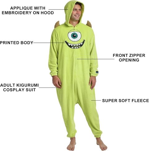 بدلة تنكرية من Bioworld Monsters Inc Mike Wazowski للبالغين باللون الأخضر بأكمام طويلة وغطاء للرأس من Kigurumi in Saudi Arabia