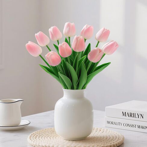 20 Pcs Fake Tulips Artificial Flowers 13" White Faux Flowers Real Touch PU Tulips Bouquet for Floral Arrangement Home Kitchen Table Wedding Decorations in Saudi Arabia
