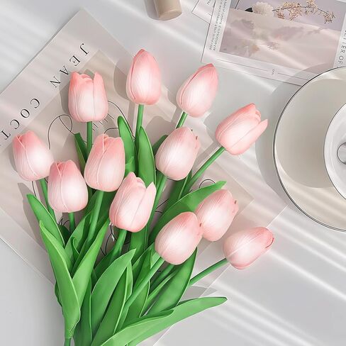 20 Pcs Fake Tulips Artificial Flowers 13" White Faux Flowers Real Touch PU Tulips Bouquet for Floral Arrangement Home Kitchen Table Wedding Decorations in Saudi Arabia