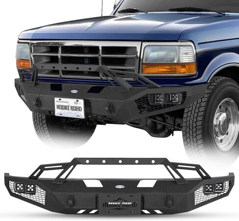 هوك الطريق F150 الوفير الأمامي الوفير ل1992-1996 فورد F150 F250 F350 وفورد برونكو، الطرق الوعرة الثقيلة الوفير الصلب محكم أسود مع أضواء LED، يتصاعد حلقة D، جبل لوحة الترخيص in Saudi Arabia