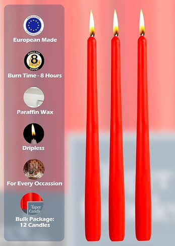 Hyoola 12 Pack Tall Red Taper Candles - 10 Inch Red Dripless, Unscented Dinner Candle - Paraffin Wax with Cotton Wicks - 8 Hour Burn Time in Saudi Arabia
