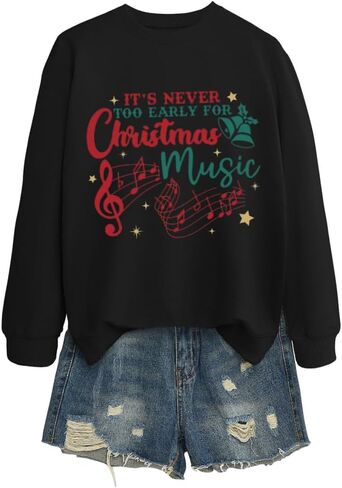 Teacher Christmas Sweatshirt Women Funny It's Never Too Early for Christmas Music Long Sleeve Graphic Shirt in Saudi Arabia