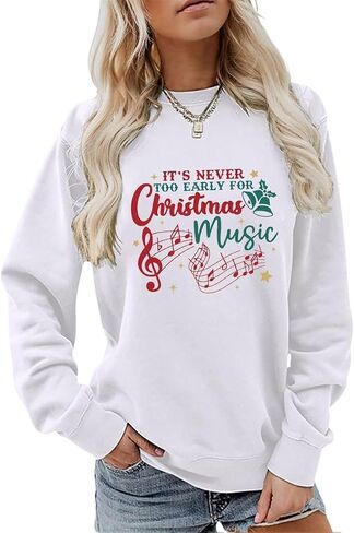 Teacher Christmas Sweatshirt Women Funny It's Never Too Early for Christmas Music Long Sleeve Graphic Shirt in Saudi Arabia