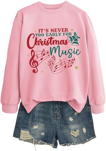 Teacher Christmas Sweatshirt Women Funny It's Never Too Early for Christmas Music Long Sleeve Graphic Shirt in Saudi Arabia
