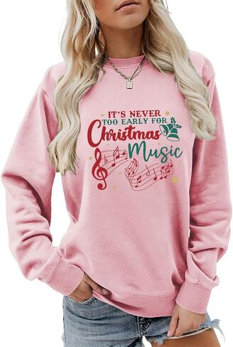 Teacher Christmas Sweatshirt Women Funny It's Never Too Early for Christmas Music Long Sleeve Graphic Shirt in Saudi Arabia