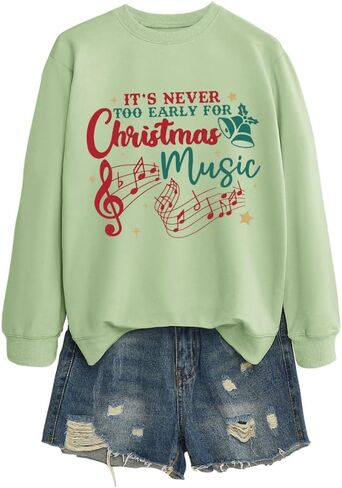 Teacher Christmas Sweatshirt Women Funny It's Never Too Early for Christmas Music Long Sleeve Graphic Shirt in Saudi Arabia