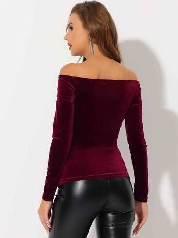 Allegra K Christmas Velvet Top for Women's Slim Fit Long Sleeve Off-Shoulder Blouse in Saudi Arabia