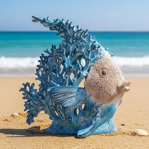 Beach Coastal Decor – 7.3in White Coral Fish Statue, Nautical Coral Reef Figurine for Living Room, Bathroom, Shelf, Desk or Coffee Table, Modern Ocean Accent & Beach House Gift in Kuwait