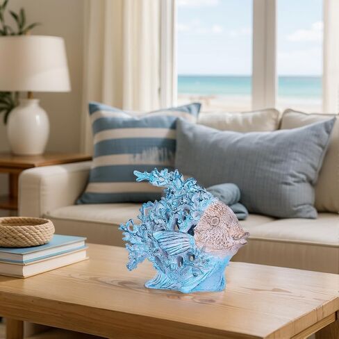 Beach Coastal Decor – 7.3in White Coral Fish Statue, Nautical Coral Reef Figurine for Living Room, Bathroom, Shelf, Desk or Coffee Table, Modern Ocean Accent & Beach House Gift in Kuwait