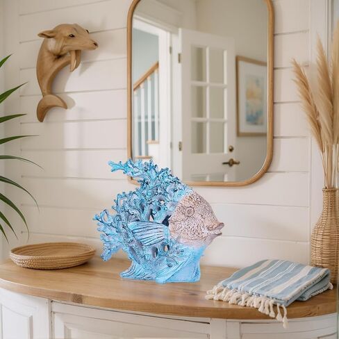 Beach Coastal Decor – 7.3in White Coral Fish Statue, Nautical Coral Reef Figurine for Living Room, Bathroom, Shelf, Desk or Coffee Table, Modern Ocean Accent & Beach House Gift in Kuwait
