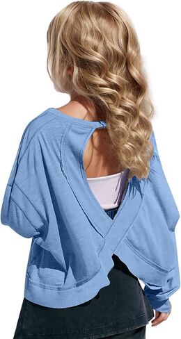 Girls Open Back Tops Long Sleeve Workout Shirts Crop Running Tshirt Y2K Yoga Tees Preppy Fashion Athletic Clothes in Saudi Arabia