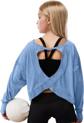 Girls Open Back Tops Long Sleeve Workout Shirts Crop Running Tshirt Y2K Yoga Tees Preppy Fashion Athletic Clothes in Saudi Arabia