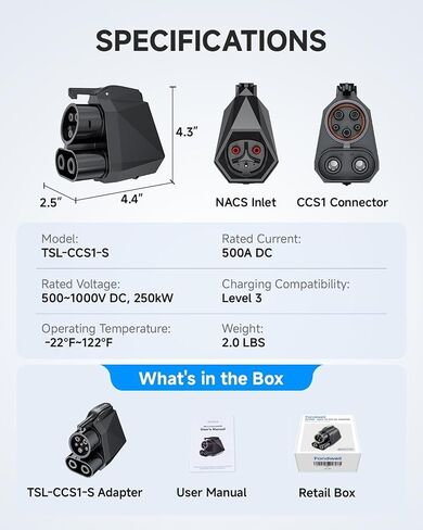 Fondwell NACS to CCS Charger Adapter: Compatible with Tesla Superchargers to CCS1 EV Charge Ports - Fast Charging with DC 1000V 500A 250kW in Saudi Arabia