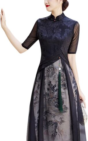 فستان Ao Dai نسائي أسود صيني - تصميم تقليدي متواضع أنيق طويل شيونغسام للارتداء اليومي وحفلات الزفاف والحفلات in Saudi Arabia