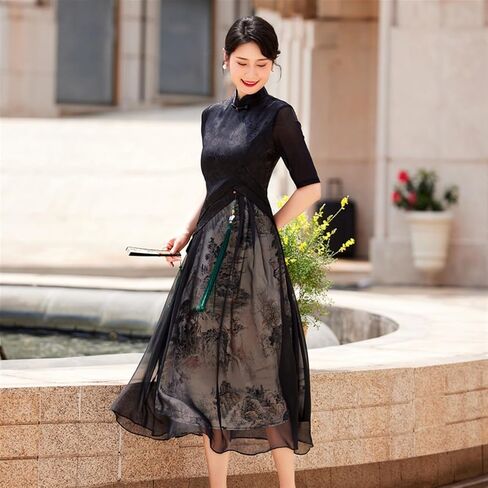 فستان Ao Dai نسائي أسود صيني - تصميم تقليدي متواضع أنيق طويل شيونغسام للارتداء اليومي وحفلات الزفاف والحفلات in Saudi Arabia