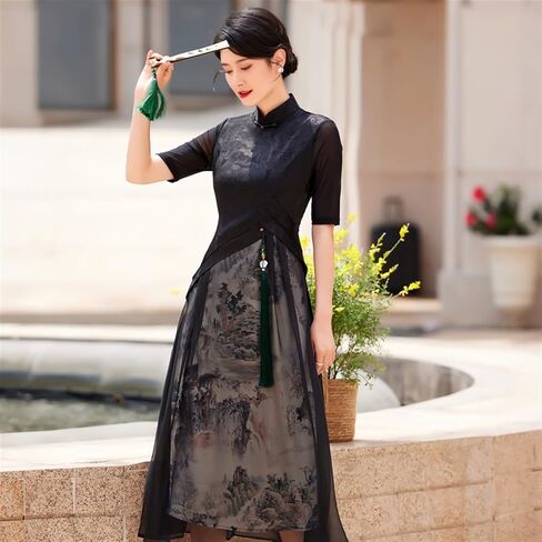 فستان Ao Dai نسائي أسود صيني - تصميم تقليدي متواضع أنيق طويل شيونغسام للارتداء اليومي وحفلات الزفاف والحفلات in Saudi Arabia