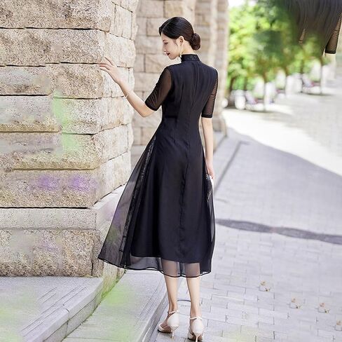 فستان Ao Dai نسائي أسود صيني - تصميم تقليدي متواضع أنيق طويل شيونغسام للارتداء اليومي وحفلات الزفاف والحفلات in Saudi Arabia