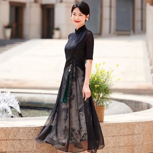 فستان Ao Dai نسائي أسود صيني - تصميم تقليدي متواضع أنيق طويل شيونغسام للارتداء اليومي وحفلات الزفاف والحفلات in Saudi Arabia